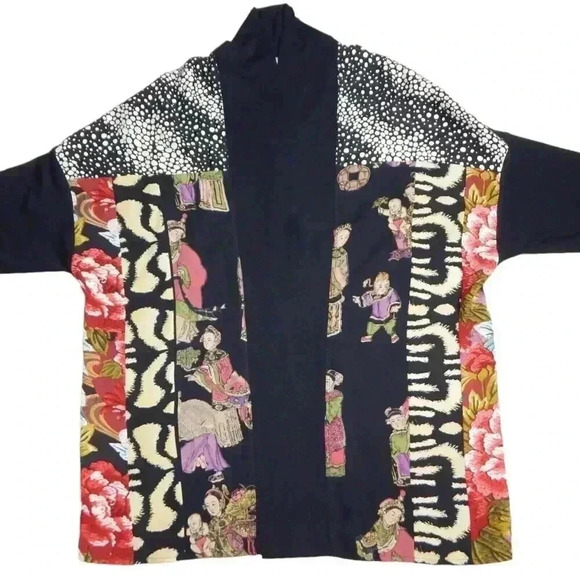 HARARI Oriental Print Open Cardigan Sweater Women's Size XS Colorful Art-to-Wear - Picture 1 of 10